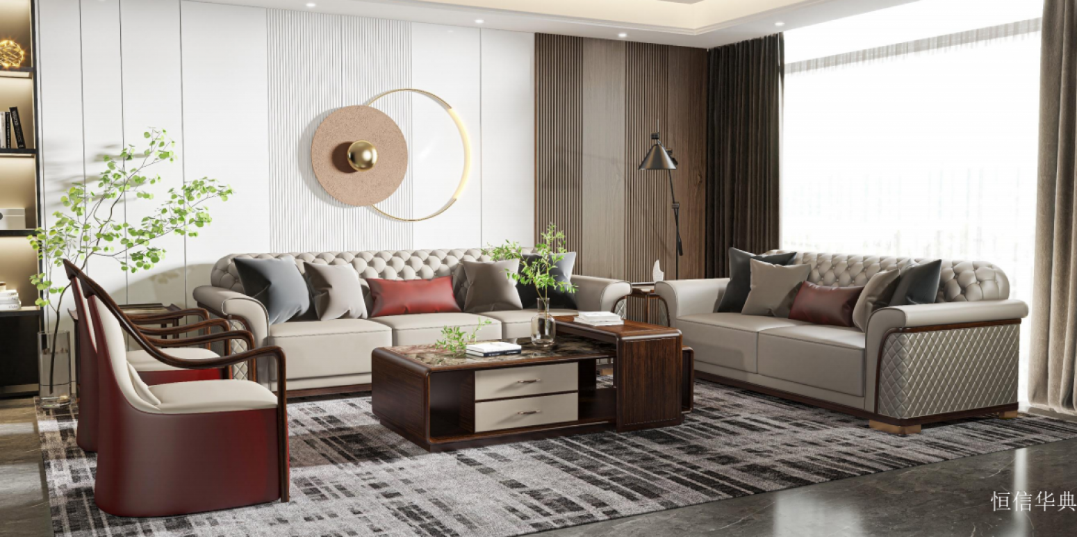 恒信华典客卧家具产品《新中式菱格实木沙发》