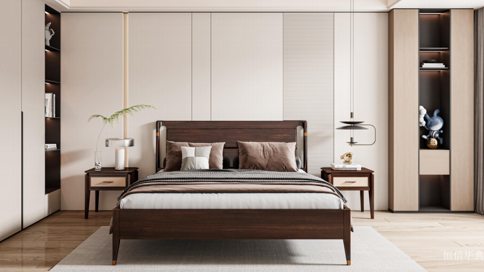 恒信华典客卧家具产品《深木简雅金属饰软床》