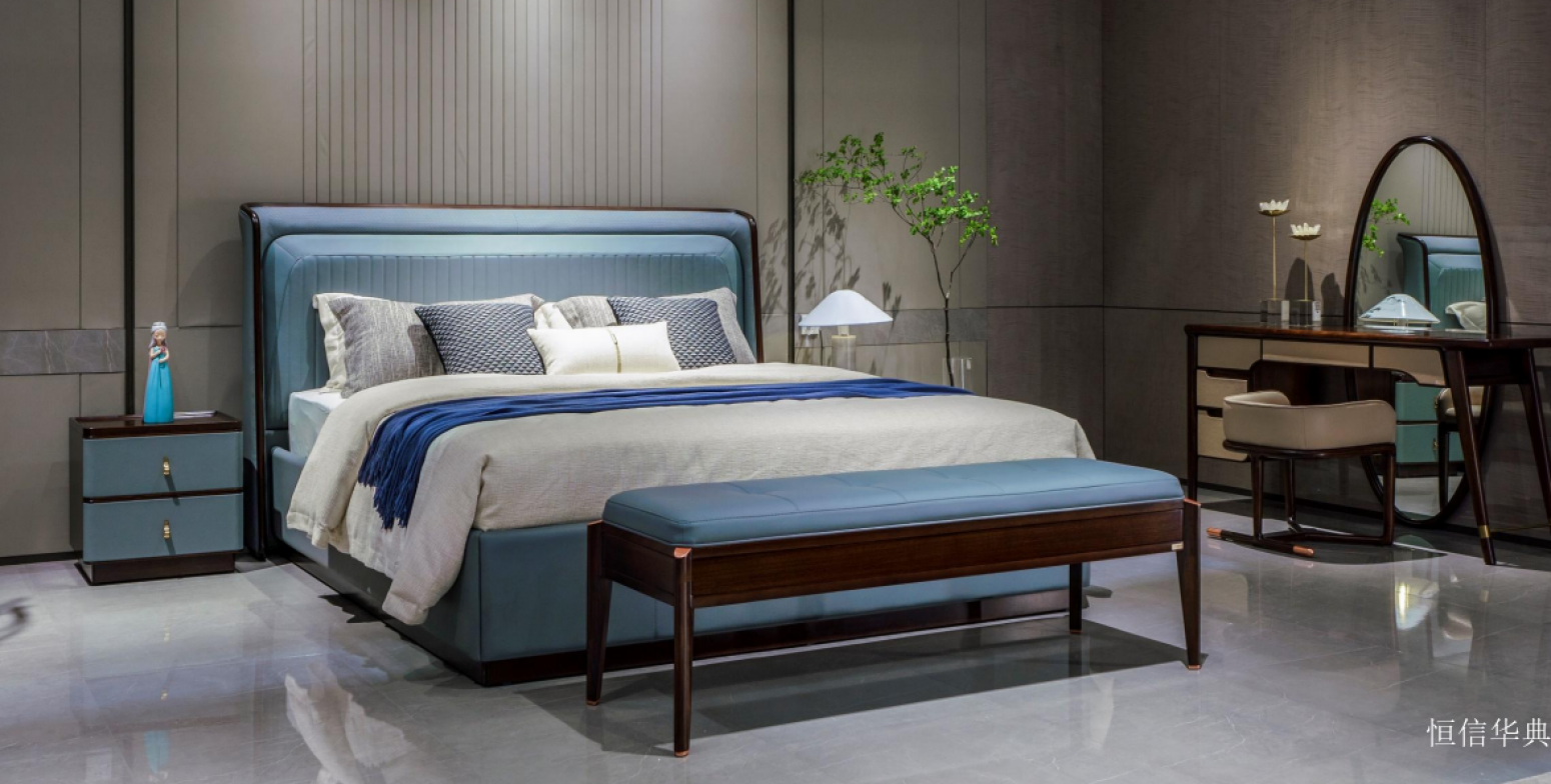 恒信华典客卧家具产品《浅蓝皮木框轻奢软床》【图0】