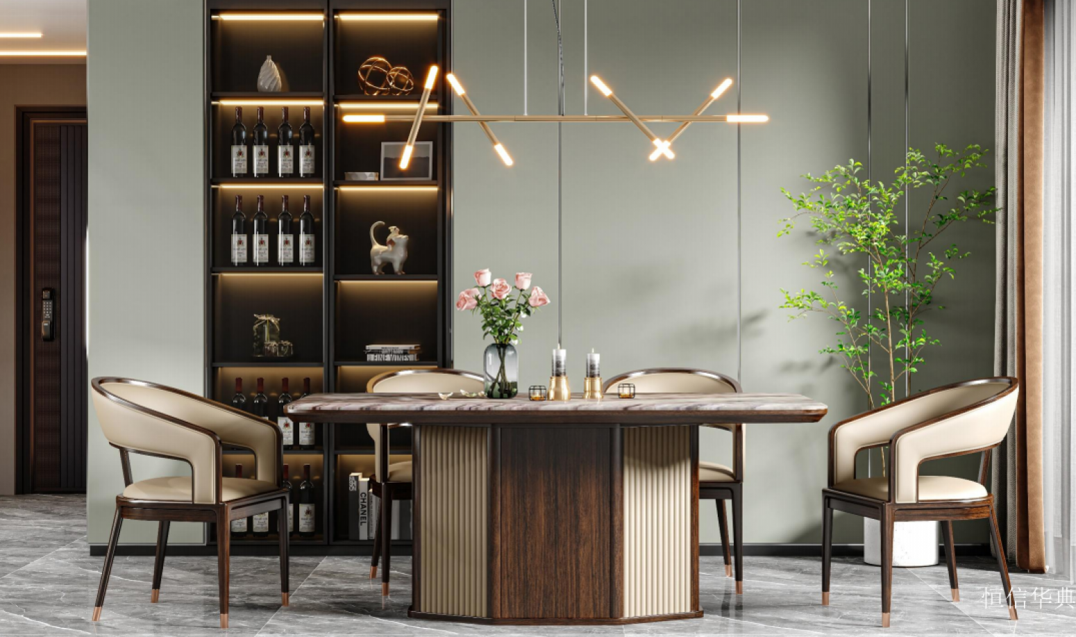 恒信华典客卧家具产品《轻奢木石围椅餐桌》
