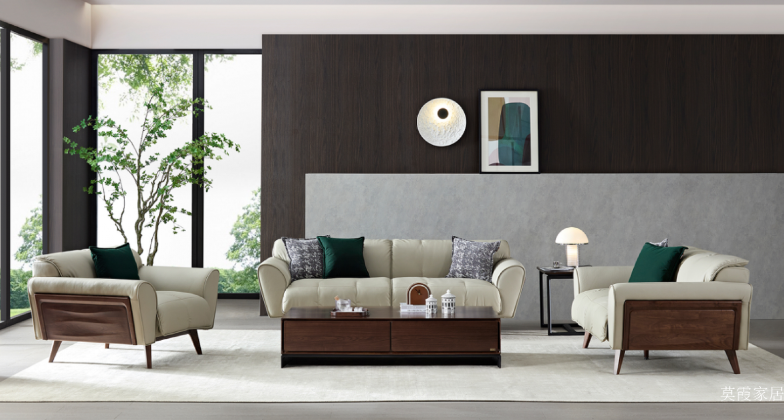 莫霞家居客卧家具产品《米白皮艺胡桃木沙发》