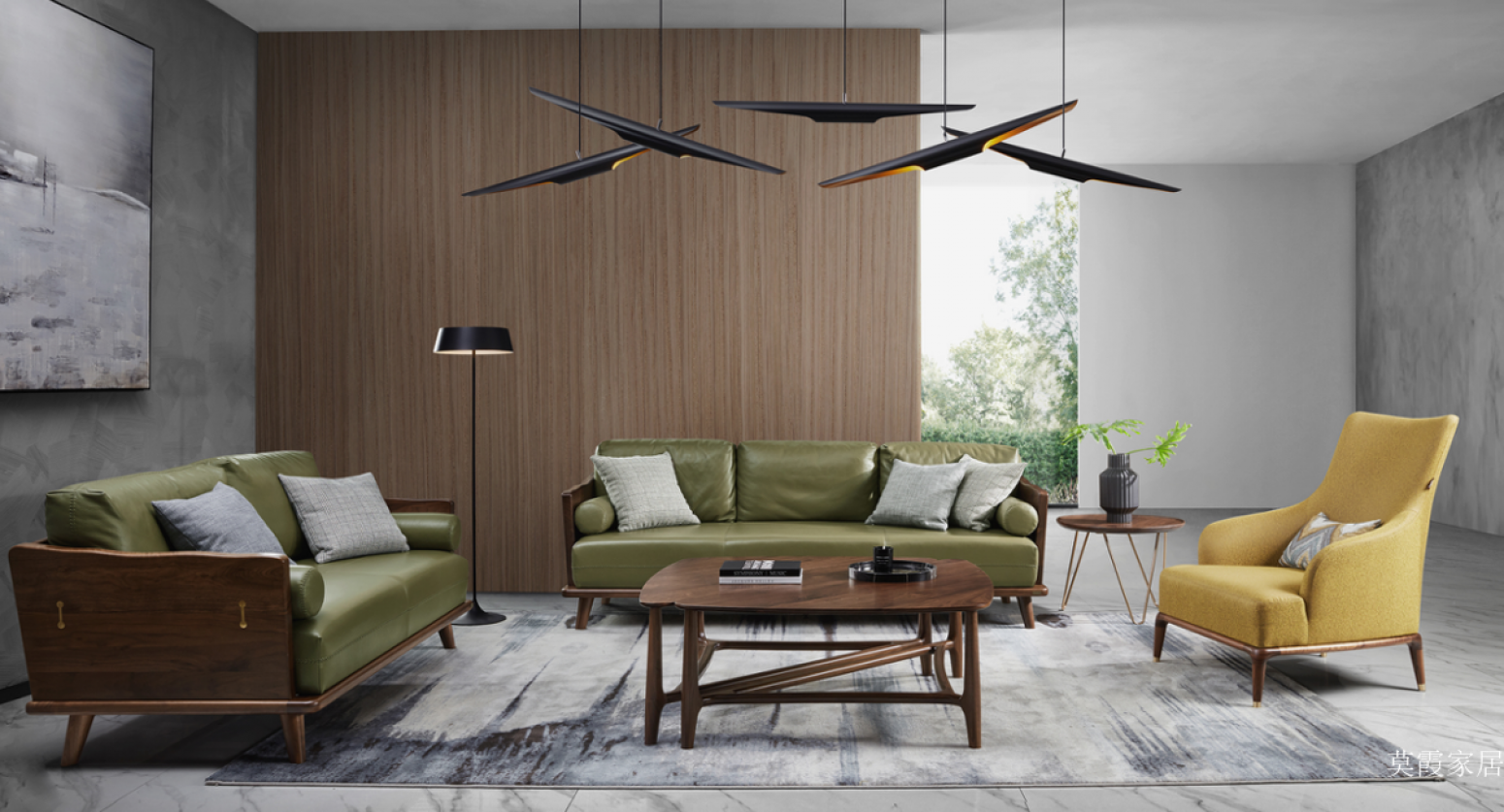 莫霞家居客卧家具产品《绿皮胡桃木框沙发》【图0】